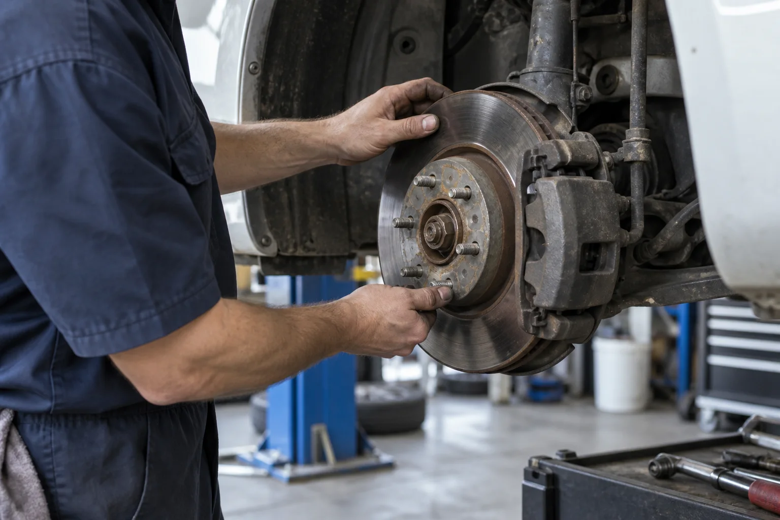 Technician working on a vehicle brake assembly