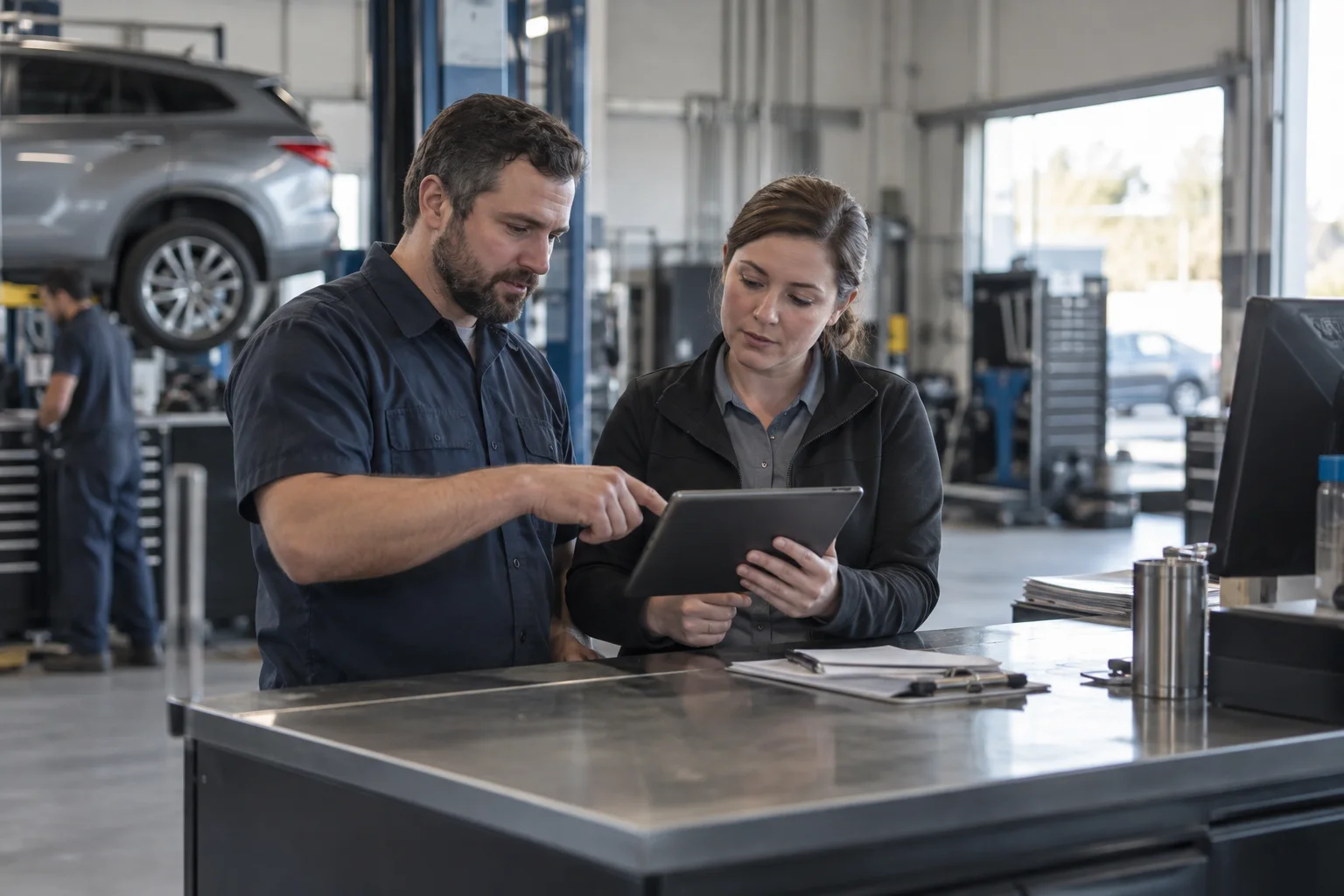 Technician and service advisor reviewing a repair together